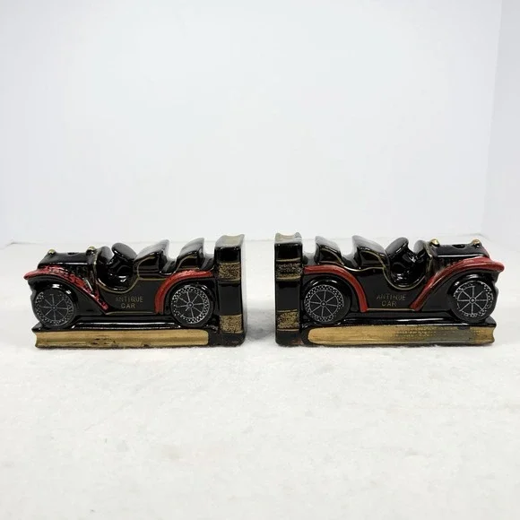 Vintage Japan Ceramic Antique Car Bookends Red Black Gold 6"x3" Pair - Picture 1 of 7